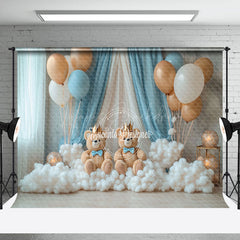 Lofaris Blue Curtain Balloons Bears Cake Smash Backdrop