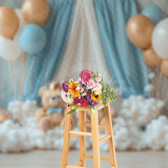 Lofaris Blue Curtain Balloons Bears Cake Smash Backdrop