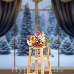 Lofaris Blue Curtain Window Forest Scene Winter Backdrop