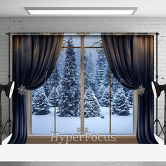 Lofaris Blue Curtain Window Forest Scene Winter Backdrop