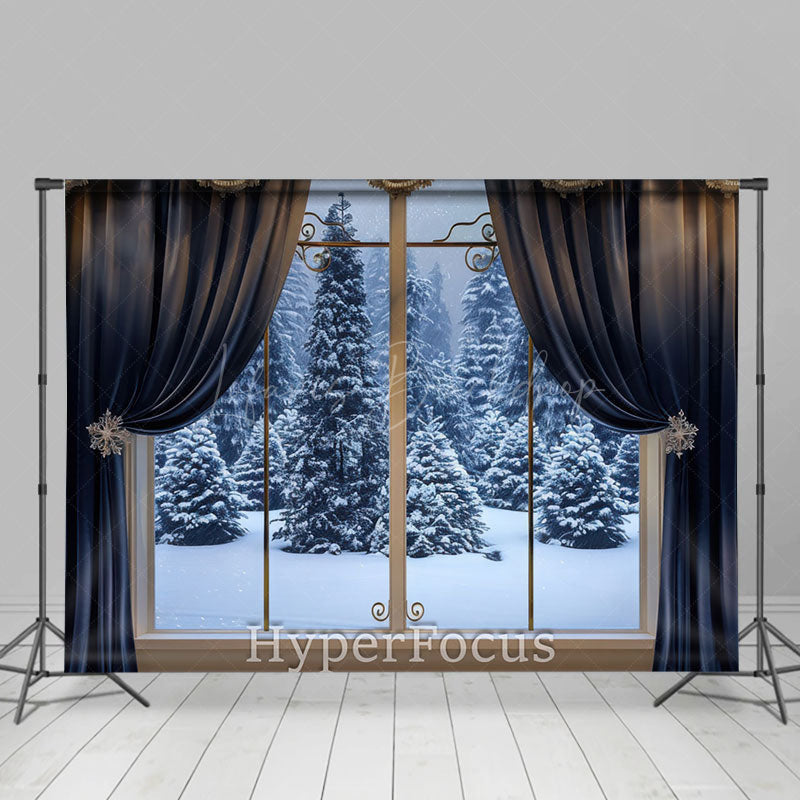 Lofaris Blue Curtain Window Forest Scene Winter Backdrop