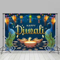 Lofaris Blue Diyas Lanterns Sparkle Happy Diwali Backdrop