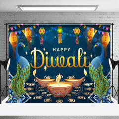 Lofaris Blue Diyas Lanterns Sparkle Happy Diwali Backdrop