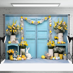 Lofaris Blue Door Yellow Floral Bunny Eggs Easter Backdrop