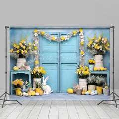 Lofaris Blue Door Yellow Floral Bunny Eggs Easter Backdrop