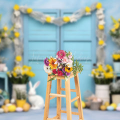 Lofaris Blue Door Yellow Floral Bunny Eggs Easter Backdrop