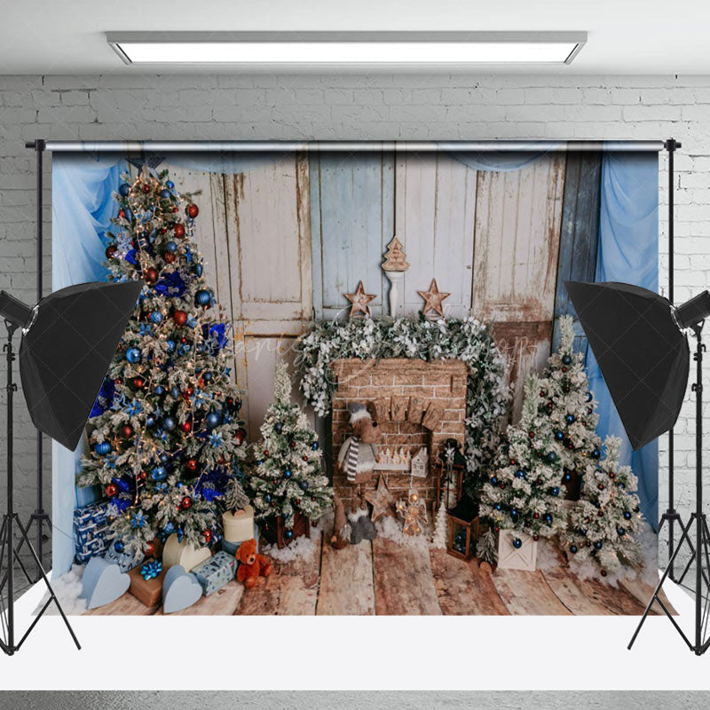 Lofaris Blue Drapes Brick Fireplace Wood Christmas Backdrop