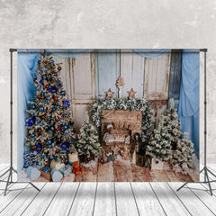 Lofaris Blue Drapes Brick Fireplace Wood Christmas Backdrop