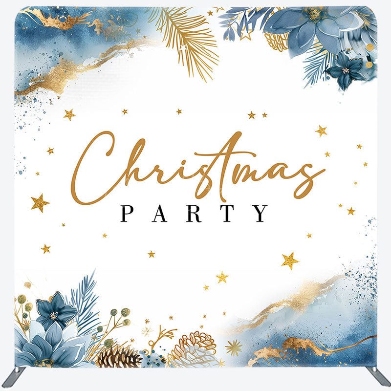 Lofaris Blue Floral Gold Star Merry Pillow Cover Backdrop