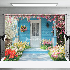 Lofaris Blue Garden Cabin Colorful Spring Floral Backdrop