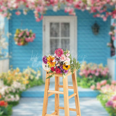 Lofaris Blue Garden Cabin Colorful Spring Floral Backdrop