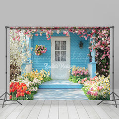 Lofaris Blue Garden Cabin Colorful Spring Floral Backdrop