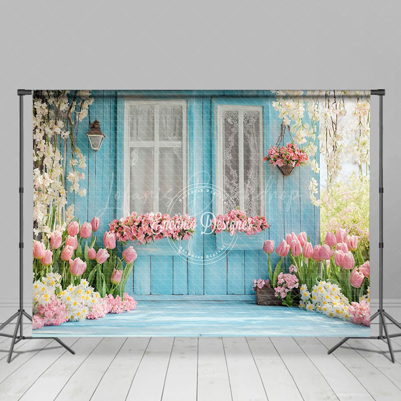 Lofaris Blue Garden Cabin Floral Vine Spring Photo Backdrop