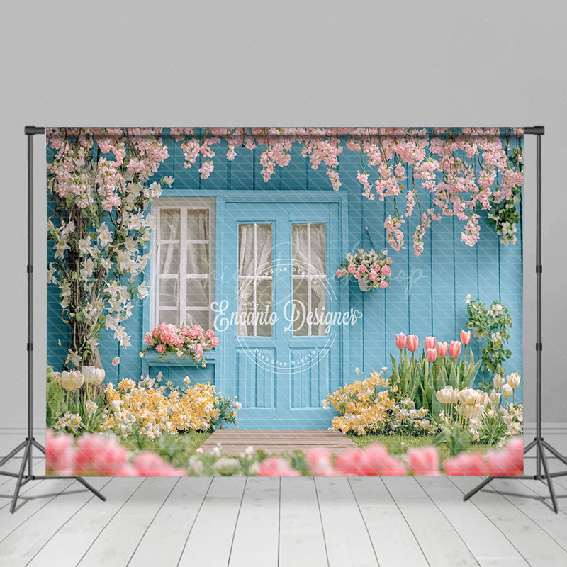 Lofaris Blue Garden House Greenery Floral Spring Backdrop