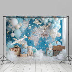 Lofaris Blue Globe Map Wall Balloon Bear Cake Smash Backdrop