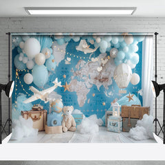 Lofaris Blue Globe Map Wall Balloon Bear Cake Smash Backdrop