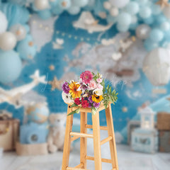 Lofaris Blue Globe Map Wall Balloon Bear Cake Smash Backdrop