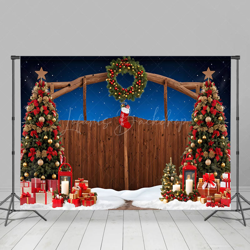 Lofaris Blue Holy Night Wooden Gate Christmas Vibe Backdrop