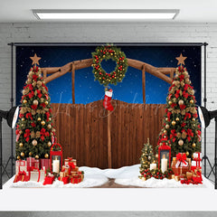 Lofaris Blue Holy Night Wooden Gate Christmas Vibe Backdrop