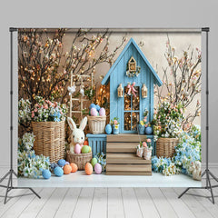 Lofaris Blue House Bunny Egg Floral Easter Room Set Backdrop