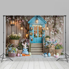 Lofaris Blue House Bunny Egg Floral Easter Room Set Backdrop