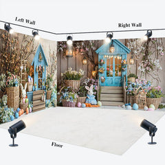 Lofaris Blue House Bunny Egg Floral Easter Room Set Backdrop