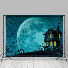 Lofaris Blue Moon Haunted House Spider Web Halloween Backdrop