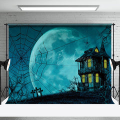 Lofaris Blue Moon Haunted House Spider Web Halloween Backdrop