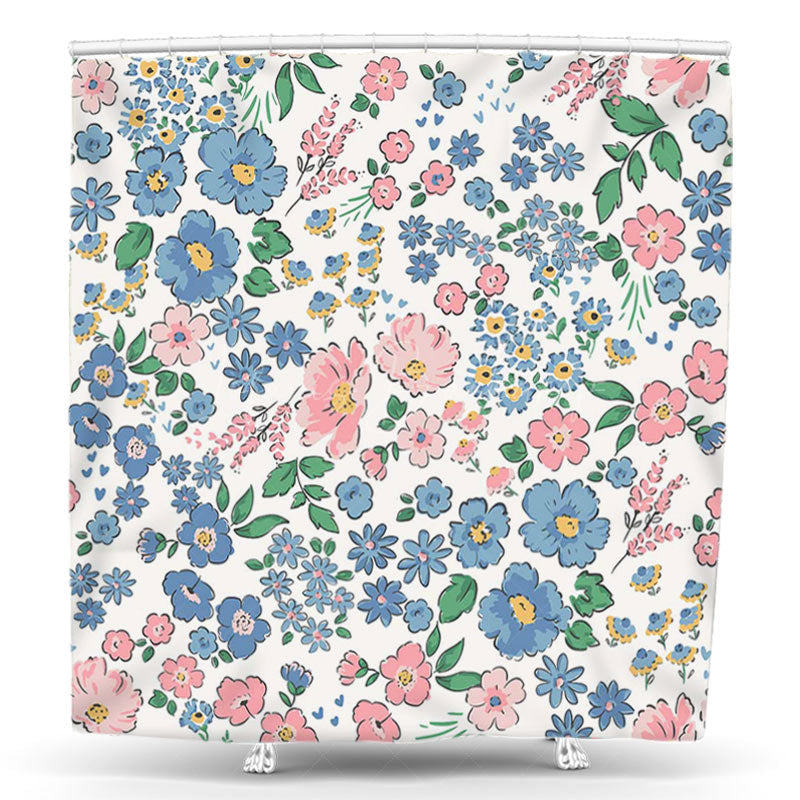 Lofaris Blue Pink Dense Floral Leaves Spring Shower Curtain