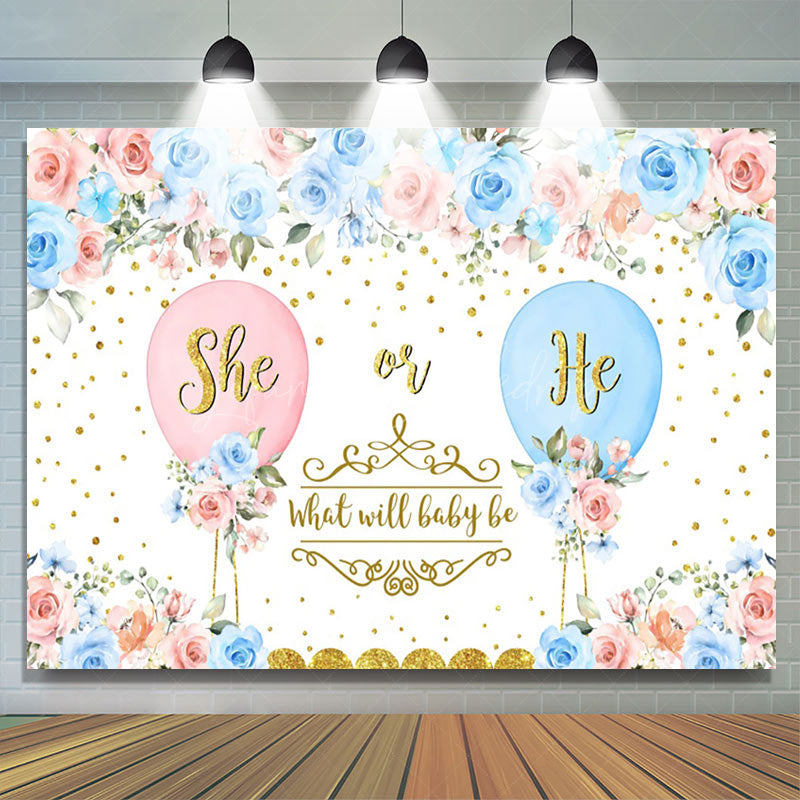 Lofaris Blue Pink Floral Balloons Gender Reveal Backdrop