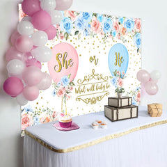 Lofaris Blue Pink Floral Balloons Gender Reveal Backdrop