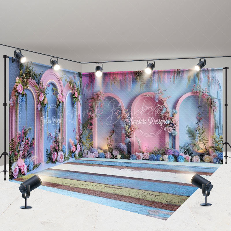 Lofaris Blue Pink Romantic Floral Wedding Room Set Backdrop