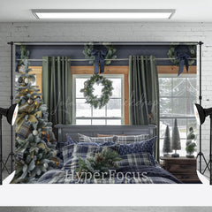 Lofaris Blue Plaid Bed Curtain Window Christmas Backdrop