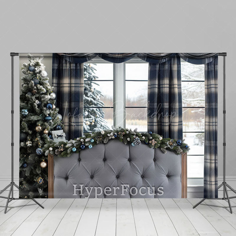 Lofaris Blue Plaid Curtain Bed Tree Christmas Vibe Backdrop