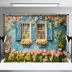 Lofaris Blue Rural Garden House Spring Floral Scene Backdrop