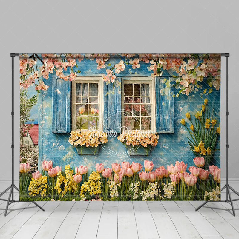 Lofaris Blue Rural Garden House Spring Floral Scene Backdrop