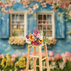 Lofaris Blue Rural Garden House Spring Floral Scene Backdrop