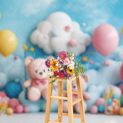 Lofaris Blue Sky Cloud Balloons Bears Cake Smash Backdrop