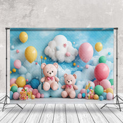 Lofaris Blue Sky Cloud Balloons Bears Cake Smash Backdrop