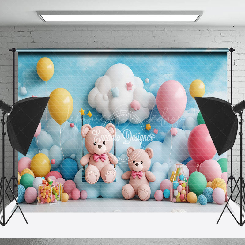 Lofaris Blue Sky Cloud Balloons Bears Cake Smash Backdrop