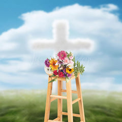 Lofaris Blue Sky Cloud Grass White Cross Easter Backdrop