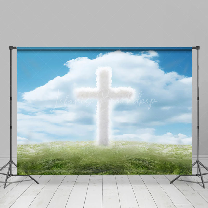 Lofaris Blue Sky Cloud Grass White Cross Easter Backdrop