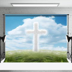 Lofaris Blue Sky Cloud Grass White Cross Easter Backdrop