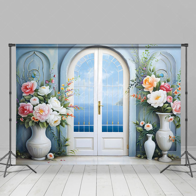 Lofaris Blue Sky Floral Window Door Wedding Photo Backdrop