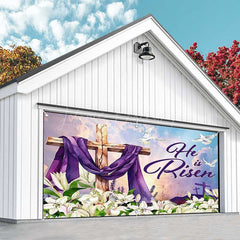 Lofaris Blue Sky He Is Risen Cross Easter Garage Door Banner