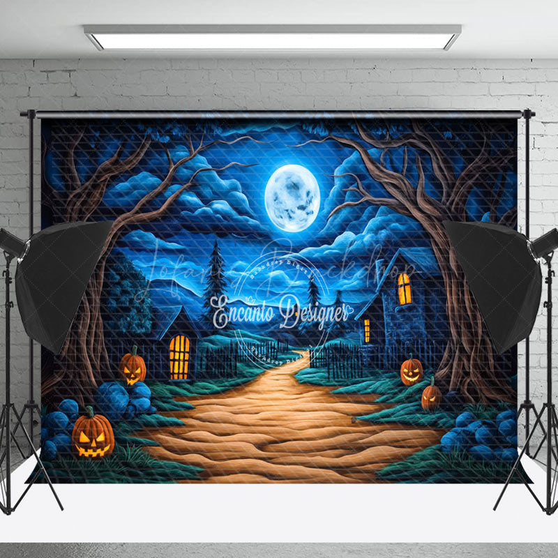 Lofaris Blue Sky Moon Night Pumpkin Halloween Photo Backdrop