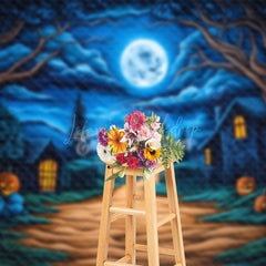 Lofaris Blue Sky Moon Night Pumpkin Halloween Photo Backdrop