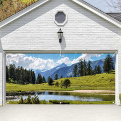 Lofaris Blue Sky Mountain Grassland Lake Garage Door Banner