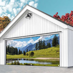 Lofaris Blue Sky Mountain Grassland Lake Garage Door Banner