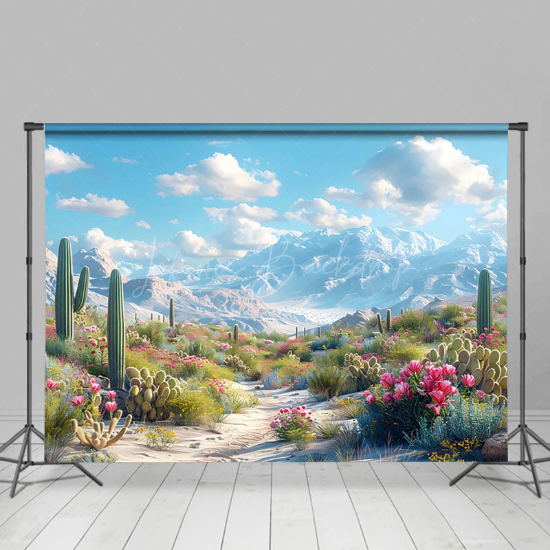 Lofaris Blue Sky Mountain Sand Floral Wonderland Backdrop